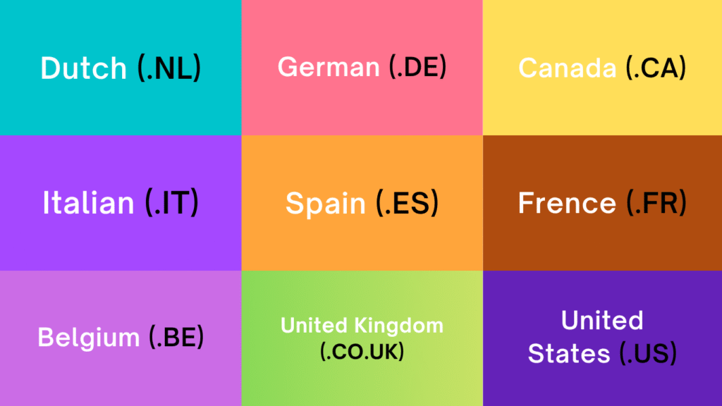 Dutch (.NL), German (.DE), Canada (.CA), Italian (.IT), Spain (.ES), Frence (.FR), Switzerland (.CH), United Kingdom (.CO.UK), United States (.US) and Belgium (.BE)
